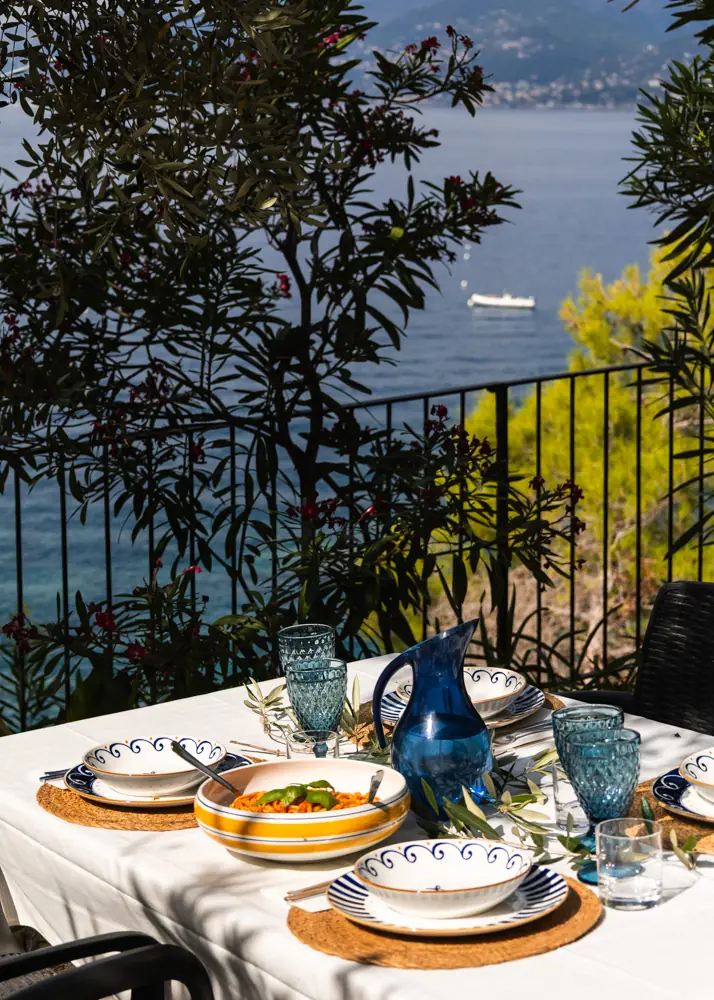 Pasta lunch outdoors with a view of the gulf