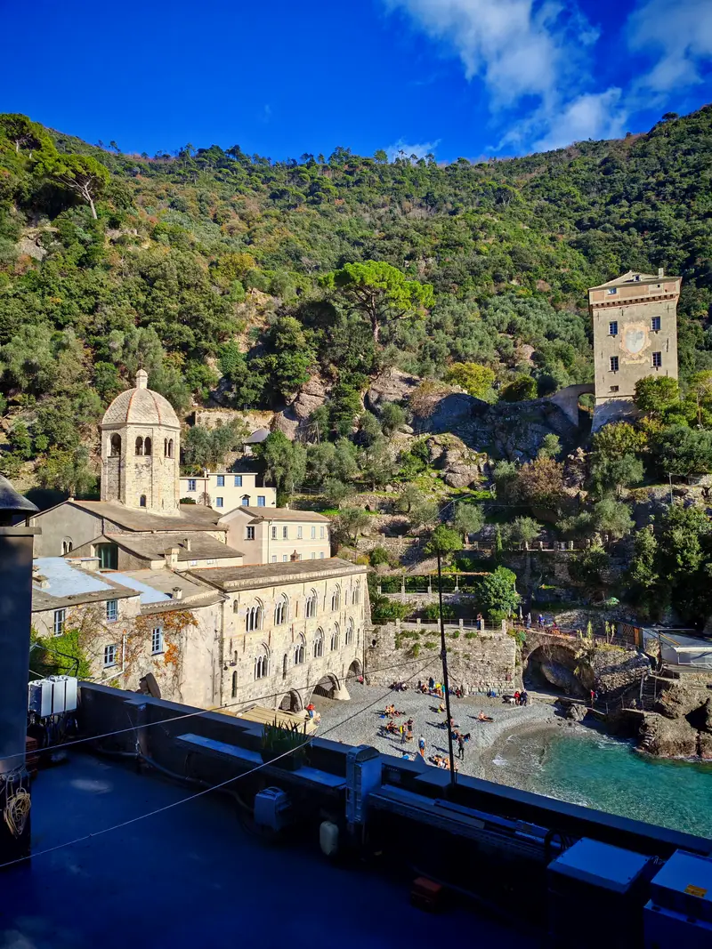 The abbey of San Fruttuoso seen from above, among the woods of the park